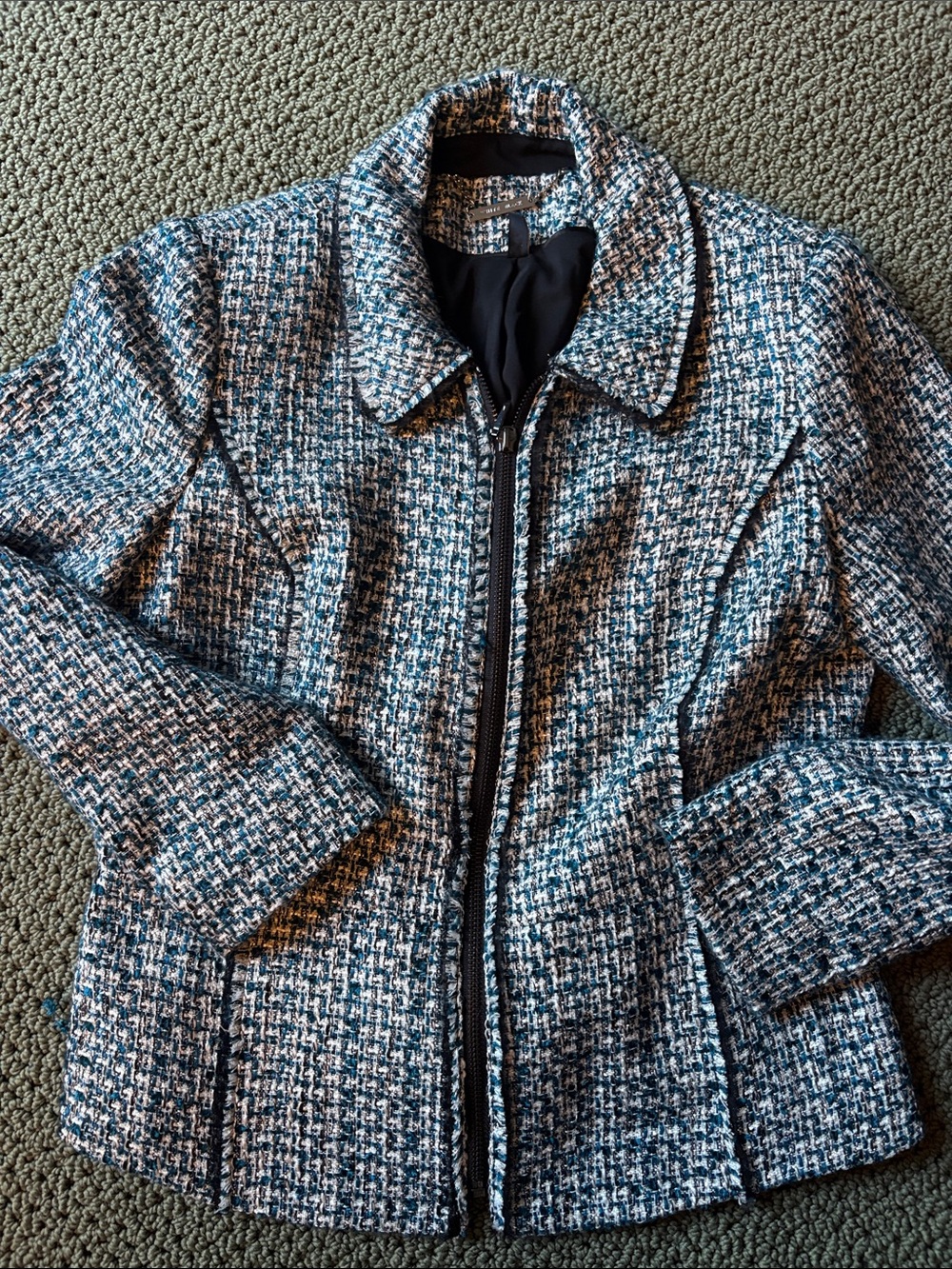 WHBM Tweed Moto Jacket zipper lined green black white 6